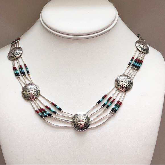 Vintage Native American Sterling Silver Gem Bead Kachina Medallion Necklace